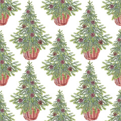 Watercolor seamless pattern with green christmas tree with pine cone and basket on white background. Forest evergreen fir or pine. Hand-drawn art for new year celebration or wrapping and wallpaper