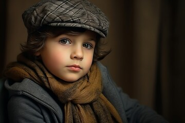 A portrait of a cute little boy wearing a cap and scarf.