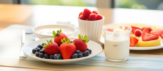 In the bright and breezy summer morning, a cute plate of breakfast appeared adorned with a vibrant spread of red fruit, including juicy strawberries and a glass of refreshing milk, accompanied by a