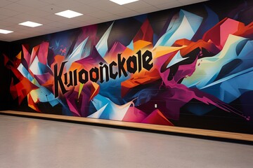 Vibrant Knowledge Graffiti: A dynamic mural showcasing 'knowledge' boldly amid colorful, inspiring designs. Radiates the vibrancy and limitless possibilities of learning