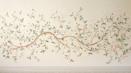 A light, airy cream wall with a delicate, hand-painted vine pattern