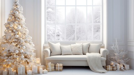 Adorned Christmas tree with presents in a traditional white bedroom setting featuring a New Year's sparkling garland. A well-lit space with wide windows, a carpet, contemporary white sofa, and a welco