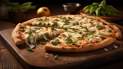 A tantalizing slice of hot Italian pizza featuring irresistibly stretching cheese. This delectable pizza showcases a blend of four cheeses complemented by fresh basil. - obrazy, fototapety, plakaty