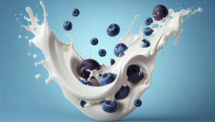 Milk splash Blueberry flying 3d illustration product pouring refresh splashing group dripped commercial fruit yogurt sweet healthy freshness beverage drink juice cocktail cream vitamin deliciously - obrazy, fototapety, plakaty