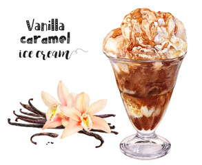 Watercolor illustration of vanilla caramel ice cream dessert close up. Design template for packaging, menu, postcards.