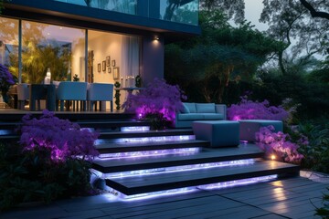 Spacious Illuminated staircase backyard terrace. Nature house. Generate Ai