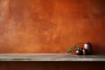 A rustic, burnt orange wall with a rough, textured surface
