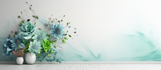 The abstract design on the white wallpaper features a creative blend of blue, green, and paint...