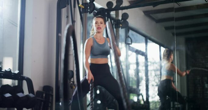 Gym, face and fitness woman with battle ropes for weight loss, power or body challenge. Training, mindset and strong bodybuilder at sports studio for wellness, energy or weightlifting cardio workout