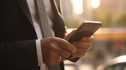 Businessman using smartphone on blur background. Generative AI