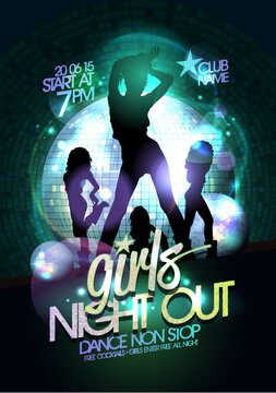 Girls night out party poster or web banner with dancing women's and disco balls