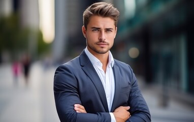 A handsome businessman wearing a suit, business centre background