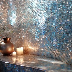 A wall covered in a delicate, shimmering mother-of-pearl mosaic