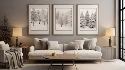 Cozy winter-themed living room with snow tree wall art and warm candles. Chic and comfortable living space with framed snowy trees and neutral decor.