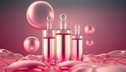 Pink Collagen Skin Serum Cells gluta cosmetic Vitamin care cosmetics solution Background 3d rendering oil abstract three-dimensional water light beauty circle science healthy bubble beautiful