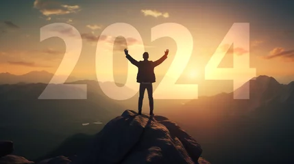 Tuinposter New year inspiration 2025 achievement success resolution improvement 2024 mountain years celebration conquer overcome person 2026 optimism positivity © The Stock Image Bank
