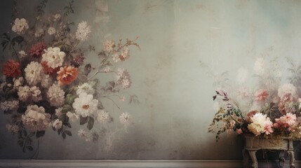 A wall with a classic, Victorian-style floral wallpaper in muted colors