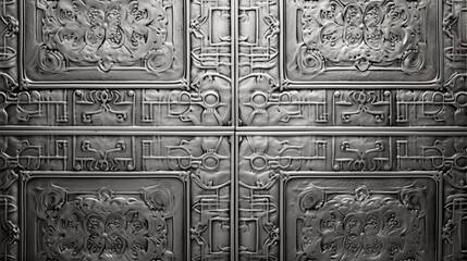 A wall with a detailed, embossed tin tile pattern in antique silver
