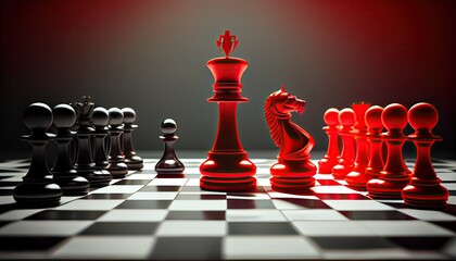 Business concept Strategy red Chess Game competition move success king play power piece competitive intelligence leadership teamwork fight battle pawn challenge succeed queen victory leader - obrazy, fototapety, plakaty