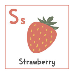 Strawberry clipart. Strawberry vector illustration cartoon flat style. Fruits start with letter S. Fruit alphabet card. Learning letter S card. Kids education. Cute strawberry vector design