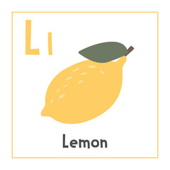 Lemon clipart. Lemon vector illustration cartoon flat style. Fruits start with letter L. Fruit alphabet card. Learning letter L card. Kids education. Cute lemon vector design