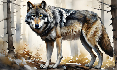 Wolf Watercolor Animal Painting Artwork Illustration Wild Postcard Digital Art Banner Website Flyer Ads Gift Card Template