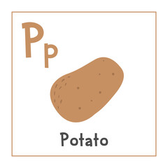 Potato clipart. Potato vector illustration cartoon flat style. Vegetables start with letter P. Vegetable alphabet card. Learning letter P card. Kids education. Cute potato vector design