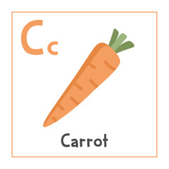 Carrot clipart. Carrot vector illustration cartoon flat style. Vegetables start with letter C. Vegetable alphabet card. Learning letter C card. Kids education. Cute carrot vector design