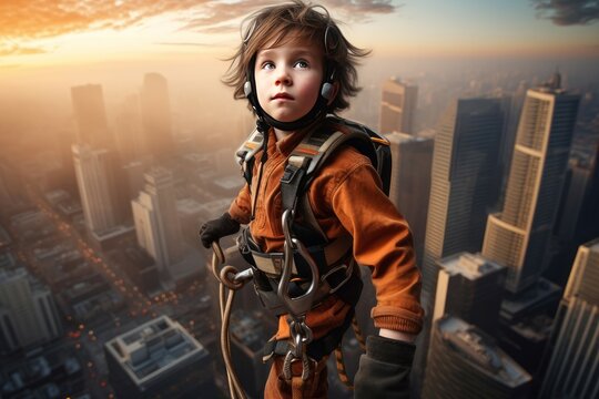 Resilient Industrial climber child boy skyscraper. Building job. Generate Ai