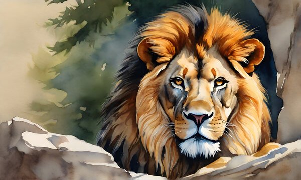 Lion Watercolor Animal Painting Artwork Illustration Wild Postcard Digital Art Banner Website Flyer Ads Gift Card Template