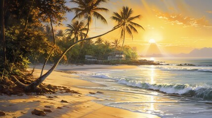 An impressionistic view of a tropical beach at dawn, with the early morning sun casting a radiant...