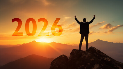 New year inspiration 2025 achievement success resolution improvement 2024 mountain years celebration conquer overcome person 2026 optimism positivity - obrazy, fototapety, plakaty