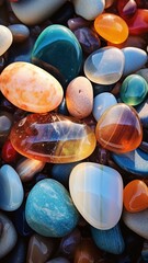 A close-up of exotic, colorful beach stones, glistening under the bright, yellow sunlight, with the soft blur of the sea in the background.