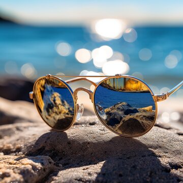 A pair of designer sunglasses reflecting the serene, azure ocean, placed delicately on a smooth stone on the beach. The image is set against a backdrop of radiant