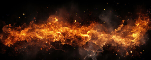 Abstract fire and smoke at night, panoramic banner of burning pattern isolated on black background. Concept of flame, texture, nature, space, gas, inferno, hell