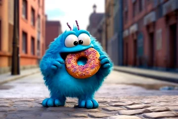 Fotobehang Funny baby monster with donut. Cute blue chubby character eating Glazed donut. National Donut Day or Fat Thursday. Template for cover, menu, signboard, bakery, advertising © Yuliia