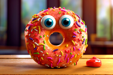 Oops. Surprised donut with sprinkles on the table, next to it lies a pile of glaze. Confusion. Healthy eating, digestion, gastrointestinal problems.