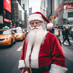 Santa Claus on the streets of Manhattan, yellow taxi background. USA.
Merry Christmas and Happy New...