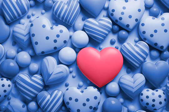 Background with hearts. One red heart among blue valentines. The concept of one love for life, uniqueness, originality. Greeting Card.