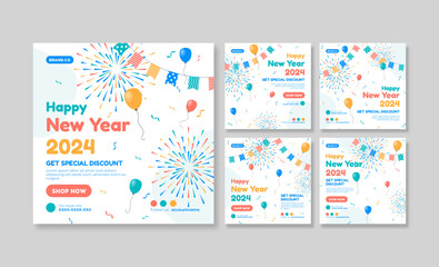 Happy new year 2024 social media post template design collection, Colorful new year social media template