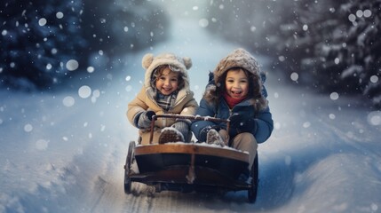 Obraz premium Kids have fun with the winter snow games, ride on sled