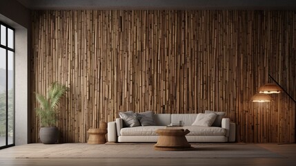 A wall with a unique bamboo paneling texture in natural colors