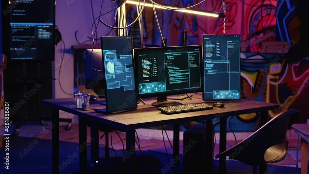 Poster jib down shot of advanced technology computer system running malicious code in empty warehouse. pc m