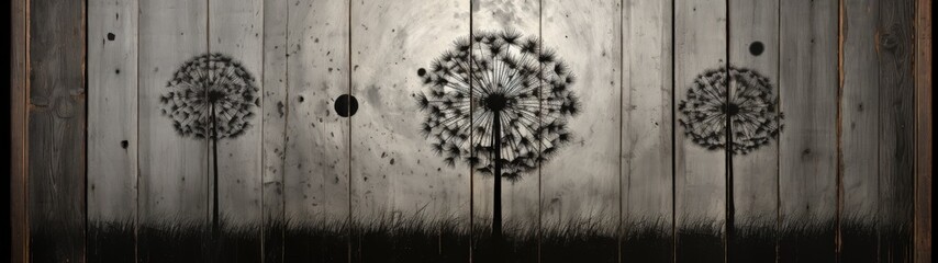 Tranquil Black and White Photograph of Three Black Dandelions Against a Wooden Fence