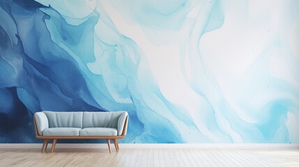 A wall with an abstract, marbled paint effect in blues and whites