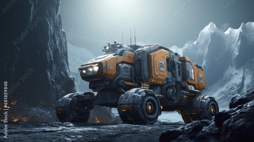 Poster asteroid mining resource extraction space exploration advanced robotics futuristic industry