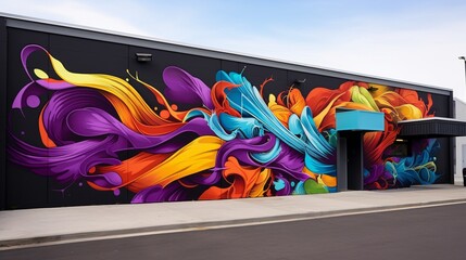 A wall with an oversized, artistic graffiti mural in vivid colors
