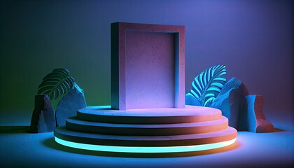 Stone podium pedestal platform Neon Led background Blank product stand racked display design template empty three-dimensional illustration object show modern abstract dais geometric scene shape