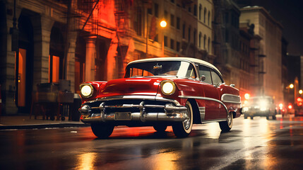 Vintage car in an urban street at night