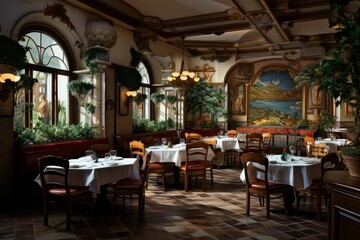 Interior italian restaurant. Dinner decoration place. Generate Ai